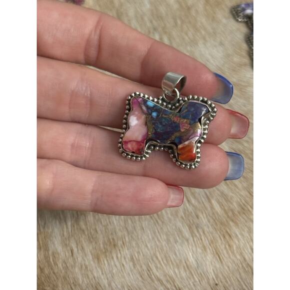 Native American Sterling Silver SW Pink Dahlia Turquoise Cow Sheep Bull Pendant - Picture 1 of 9